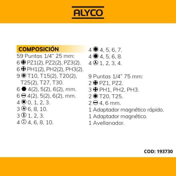Juego de 71 puntas y adaptadores de 1/4" en caja de plástico ALYCO
