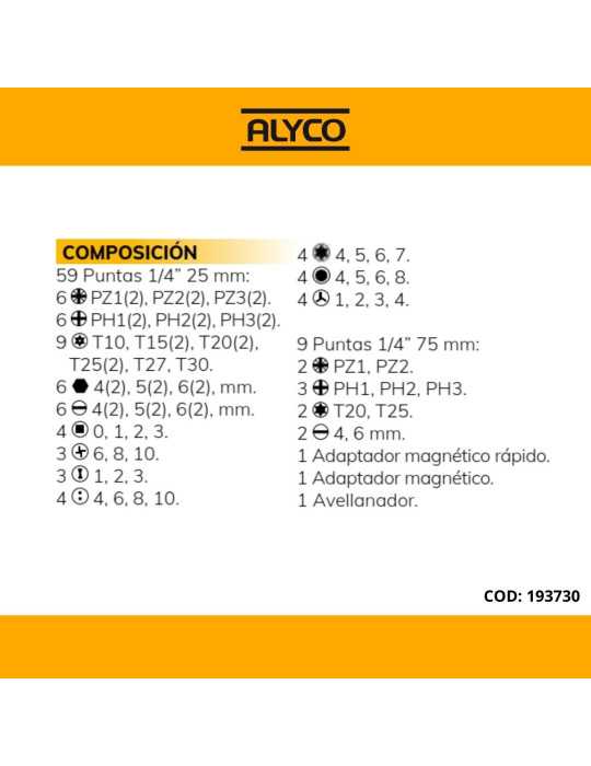 Juego de 71 puntas y adaptadores de 1/4" en caja de plástico ALYCO