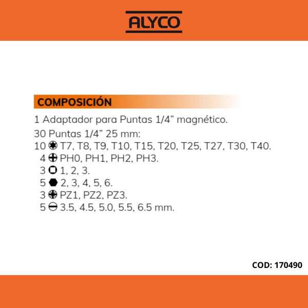 Juego de 30 puntas de atornillar de 1/4" y adaptador en caja de plástico ALYCO ORANGE