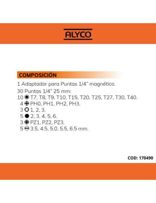 Juego de 30 puntas de atornillar de 1/4" y adaptador en caja de plástico ALYCO ORANGE