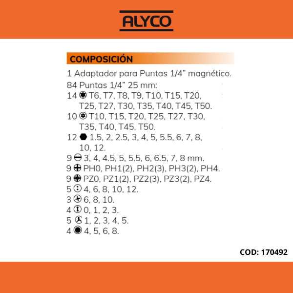 Juego de 85 puntas de atornillar de 1/4" en caja de plástico ALYCO ORANGE