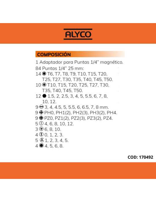 Juego de 85 puntas de atornillar de 1/4" en caja de plástico ALYCO ORANGE