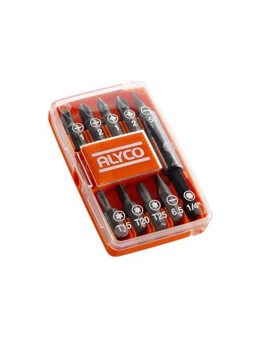 Juego de 9 puntas de atornillar de 1/4" y adaptador magnético en caja de plástico ALYCO ORANGE