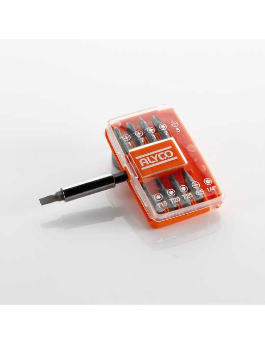Juego de 9 puntas de atornillar de 1/4" y adaptador magnético en caja de plástico ALYCO ORANGE