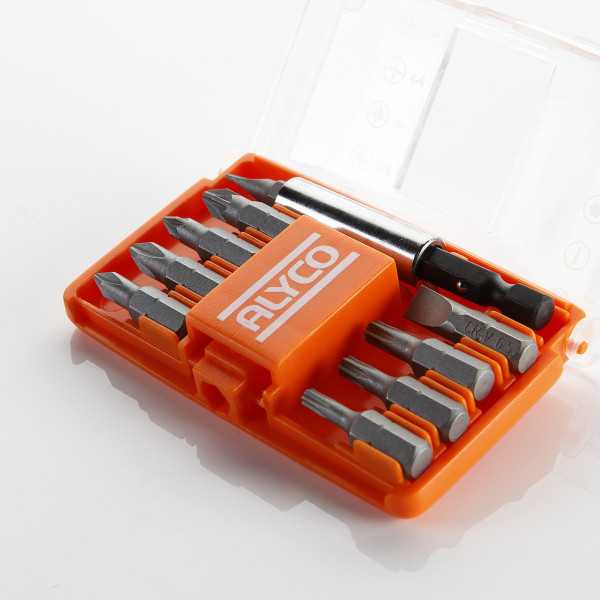 Juego de 9 puntas de atornillar de 1/4" y adaptador magnético en caja de plástico ALYCO ORANGE