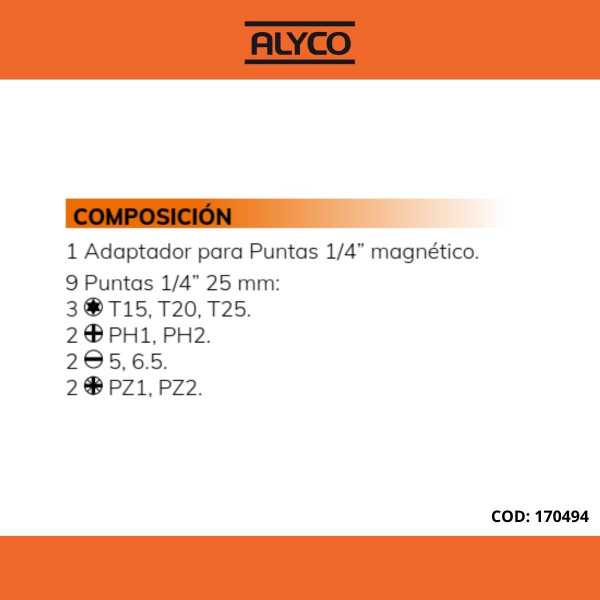 Juego de 9 puntas de atornillar de 1/4" y adaptador magnético en caja de plástico ALYCO ORANGE