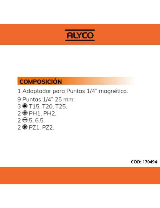 Juego de 9 puntas de atornillar de 1/4" y adaptador magnético en caja de plástico ALYCO ORANGE