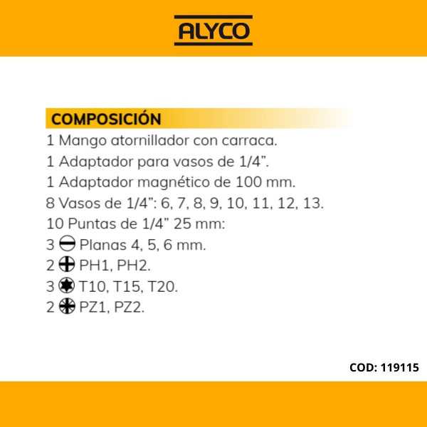 Juego de destornillador de carraca con vasos y puntas ALYCO