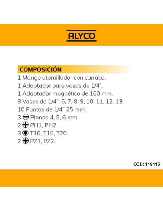 Juego de destornillador de carraca con vasos y puntas ALYCO
