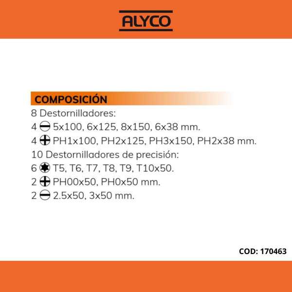 Juego combinado de destornilladores 18 piezas en soporte plástico ALYCO ORANGE