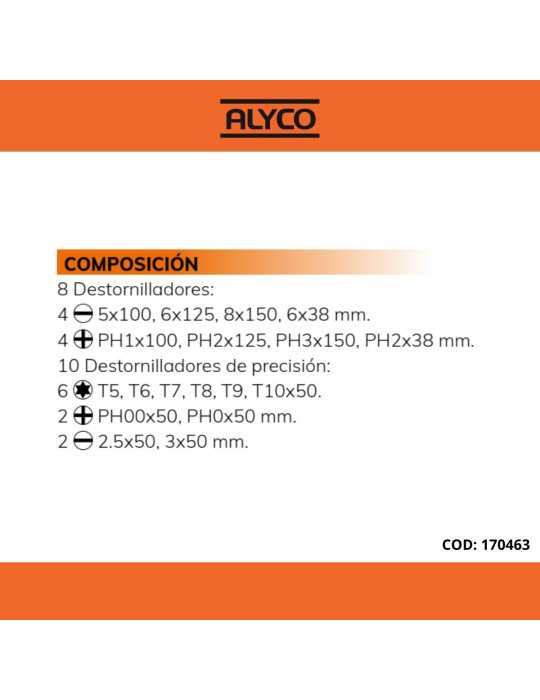Juego combinado de destornilladores 18 piezas en soporte plástico ALYCO ORANGE