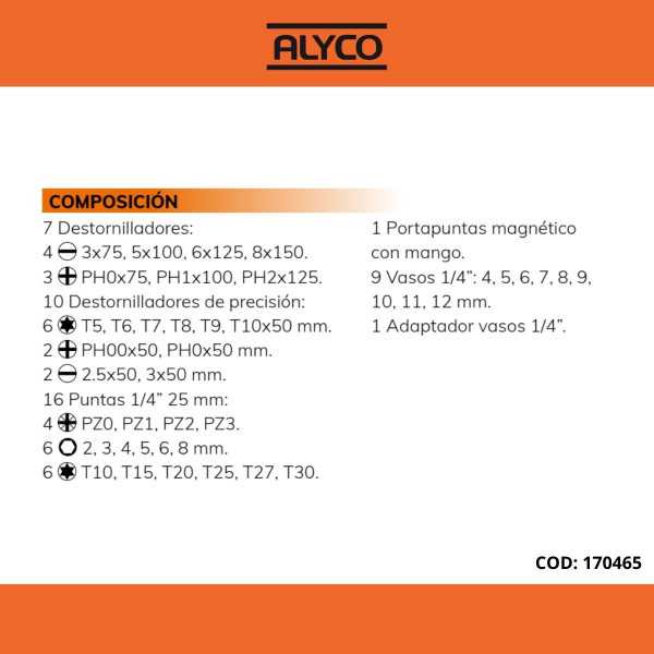 Juego combinado de destornilladores, vasos y puntas 44 piezas en estuche plástico ALYCO ORANGE