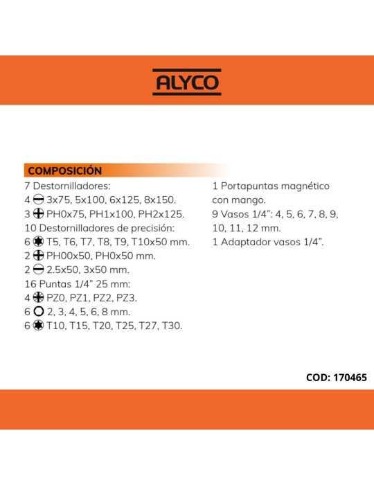 Juego combinado de destornilladores, vasos y puntas 44 piezas en estuche plástico ALYCO ORANGE