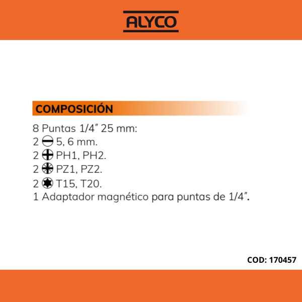 Juego de 9 piezas de puntas y adaptador magnético ALYCO ORANGE