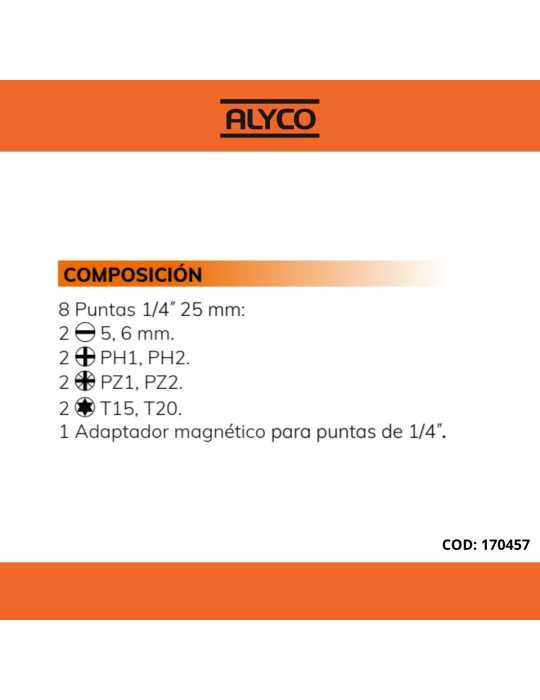Juego de 9 piezas de puntas y adaptador magnético ALYCO ORANGE