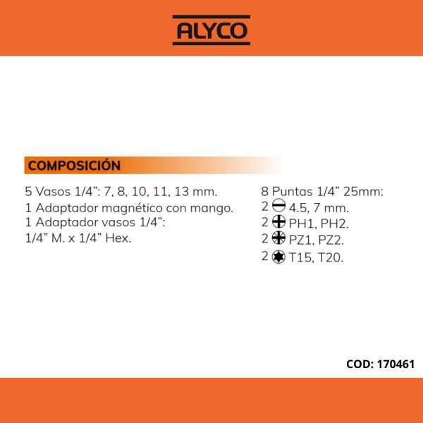Juego de puntas, vasos y adaptador magnético con mango ALYCO ORANGE