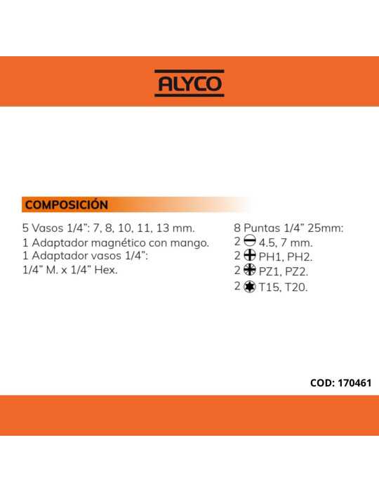 Juego de puntas, vasos y adaptador magnético con mango ALYCO ORANGE