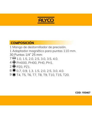 Juego de destornillador intercambiable 30 en 1 en caja de plástico ALYCO 2