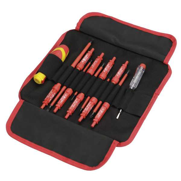 Juego de 11 destornilladores aislados con varilla intercambiable en estuche de nylon ALYCO