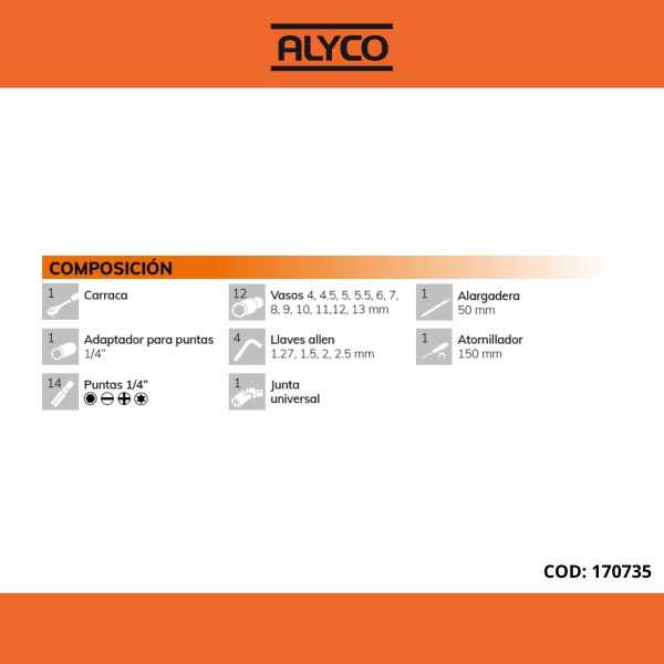 Juego de llaves de vaso y accesorios 1/4" 35 piezas ALYCO ORANGE