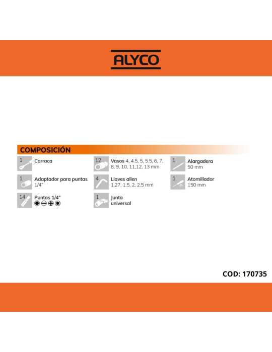 Juego de llaves de vaso y accesorios 1/4" 35 piezas ALYCO ORANGE