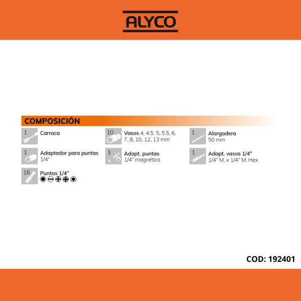 Juego de llaves de vaso y accesorios 1/4" 31 piezas ALYCO ORANGE
