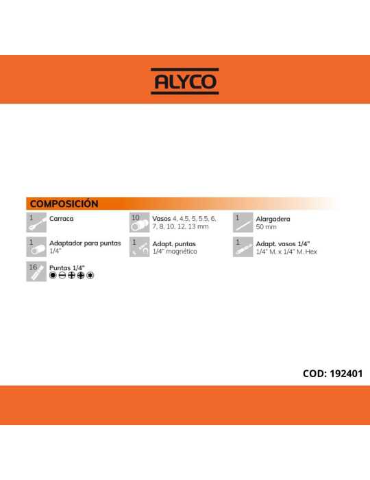 Juego de llaves de vaso y accesorios 1/4" 31 piezas ALYCO ORANGE