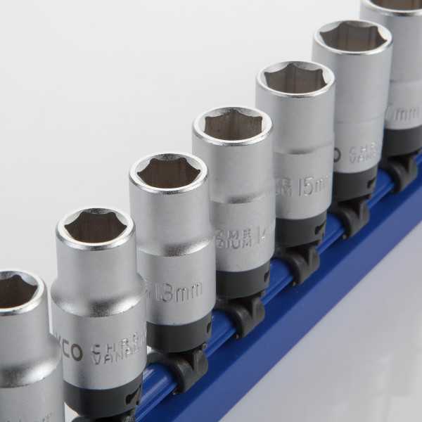 Juego de 10 vasos 1/2" 10-19 mm en regleta ALYCO
